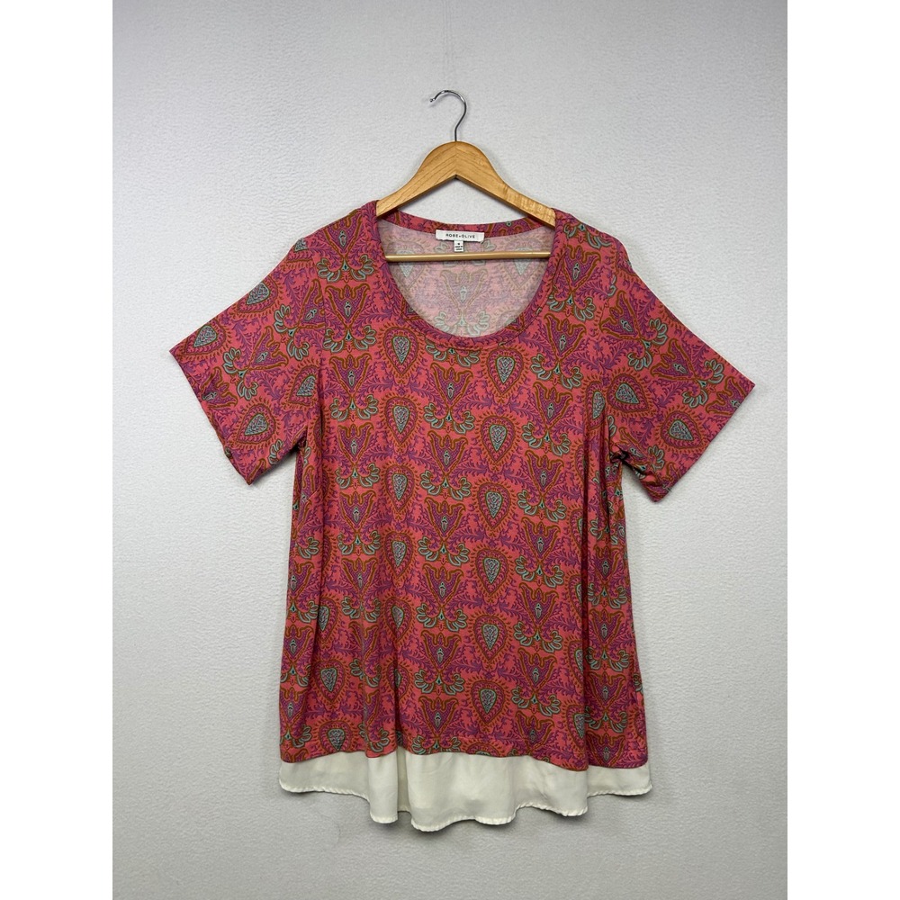Boho Paisley Rose + Olive Womens 1X Pink Layered Hem Tunic Top
